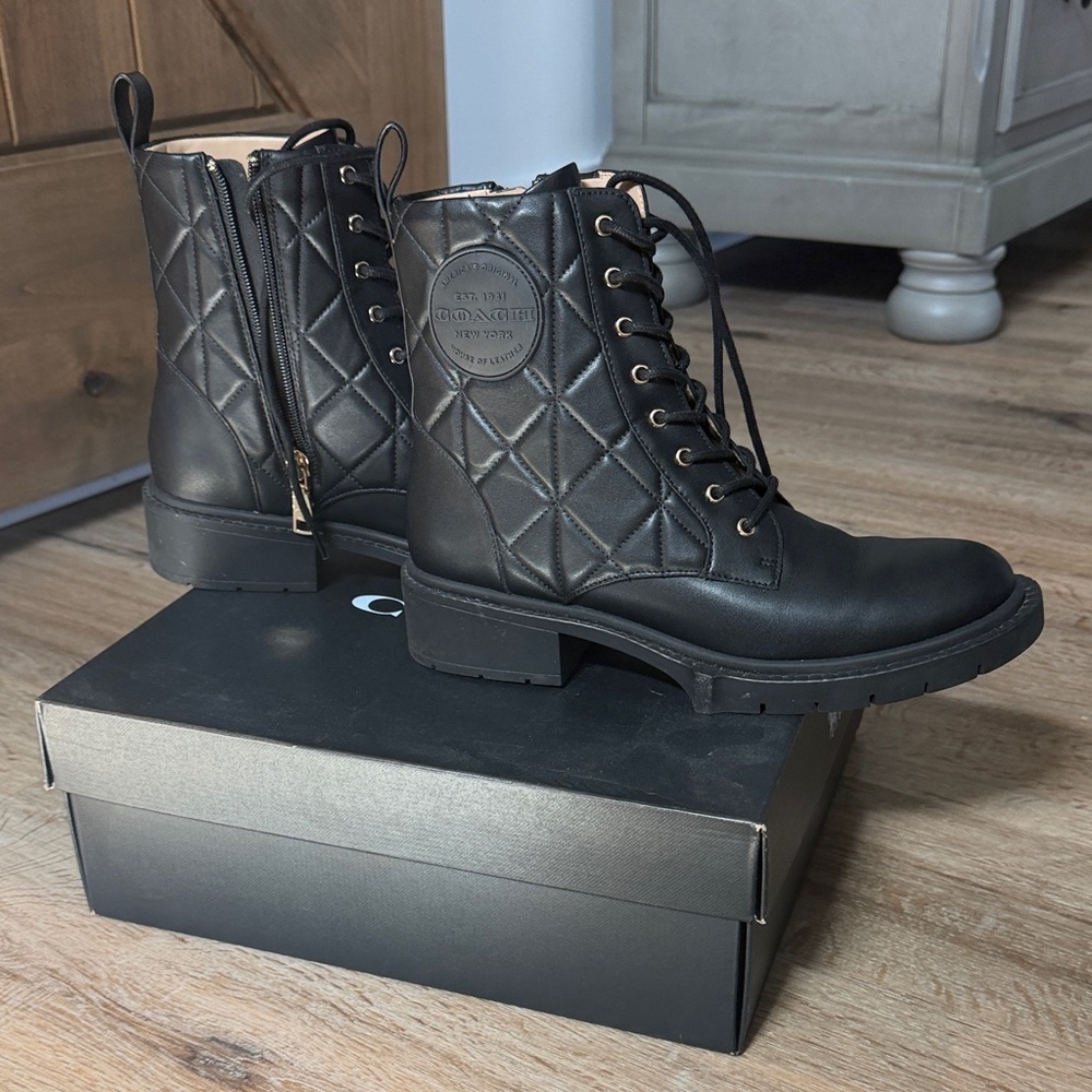 Coach Black Quilted Lace-Up Combat Boots - Picture 2 of 2